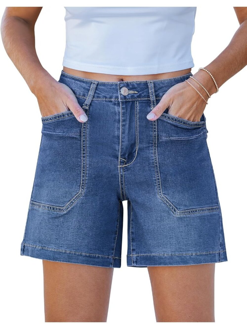 Women's Blue Trendy Mid Rise Summer Jorts Stretchy Denim Shorts with Pockect